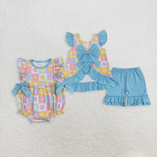 6.13 Sibling Baby Girls Blue Flutter Sleeves Flowers Plaid Tunic Ruffle Shorts Sets Rompers