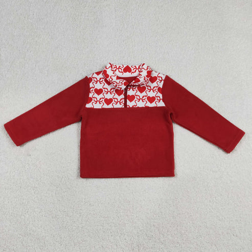 12.27 RTS NO MOQ(In Stock) Red Plush Zipper Long-Sleeve Top with Heart and Bow Design