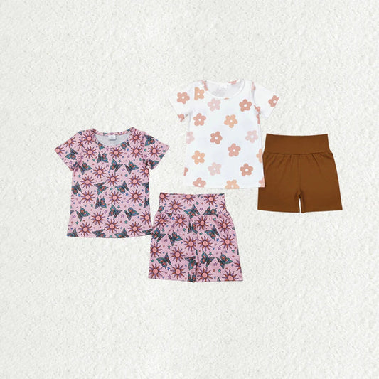 5.27 Sibling Baby Girls Short Sleeve Flowers Butterfly Tops Biking Ruffle Shorts Clothes Sets