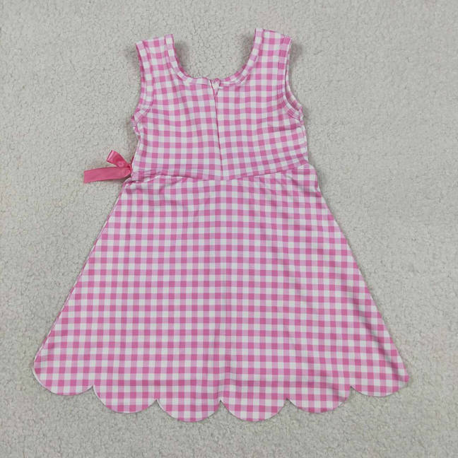 GSD3779 Kids Baby Girls Pink Checked Yoga Active Shorts Scallop Knee Length Dresses