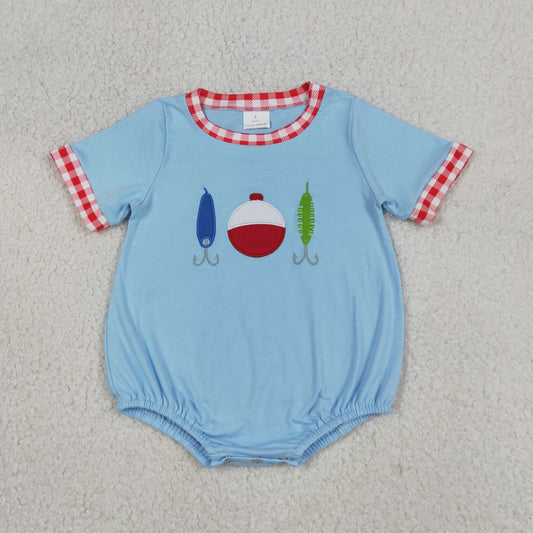 SR3577 Newborn Embroidery Fishing Baby Boys Blue Short Sleeve Hunting Rompers