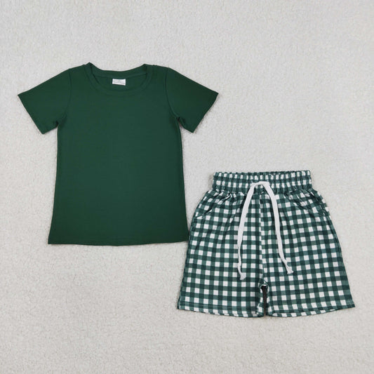 BSSO1885 Kids Baby Boy Dark Green Shirts Top Checked Pockets Shorts Clothes Sets