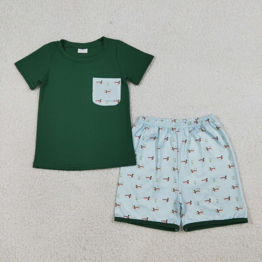 BSSO1899 Kids Baby Boy Dark Green Ducks Pocket Top Shorts Hunting Clothes Set