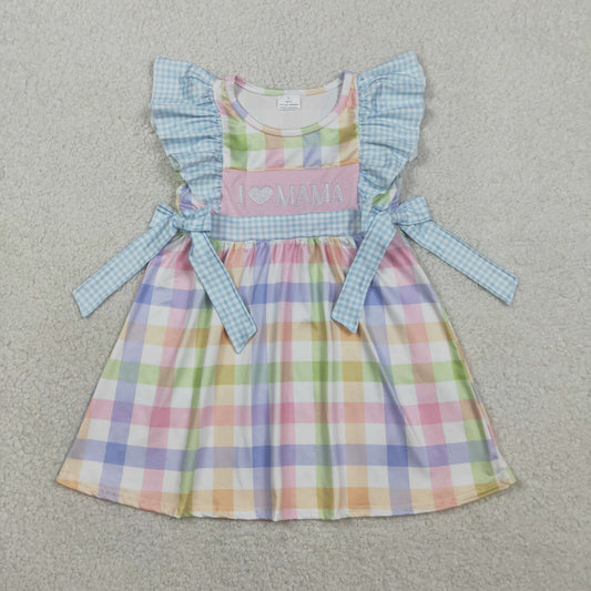 GSD2940 Kids Baby Girl Embroidery I Love Mama Colorful Checked Knee Length Dress