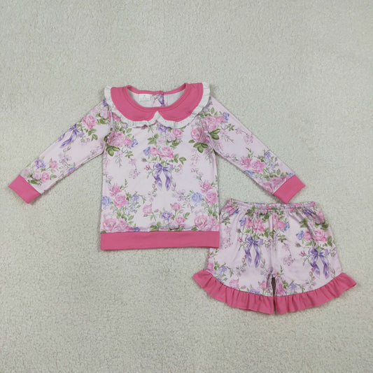 RTS NO MOQ(In Stock) GLS0082 Floral and Leaf Rose Red Lace Peter Pan Collar Long Sleeve Shorts Set