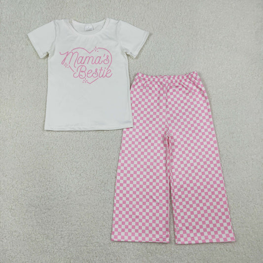 RTS NO MOQ(In Stock) GT1565+P1018 Mama's Bestie Letter White Short-Sleeve Top Pink Plaid Pants set