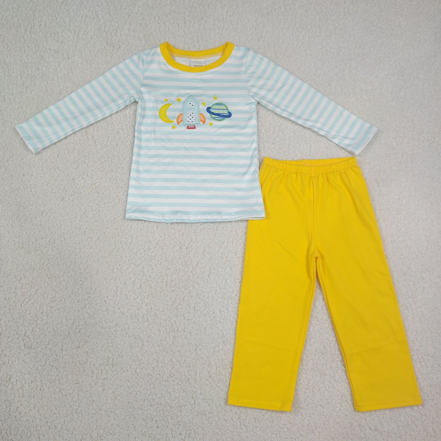 BLP1455 Kids Clothing Baby Boys Embroidery Moon Long Sleeve Blue Stripe Top Pant Clothes Sets