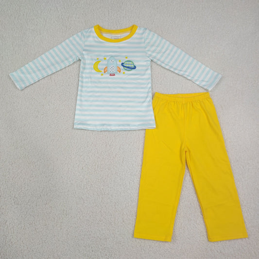 BLP1455 Kids Clothing Baby Boys Embroidery Moon Long Sleeve Blue Stripe Top Pant Clothes Sets