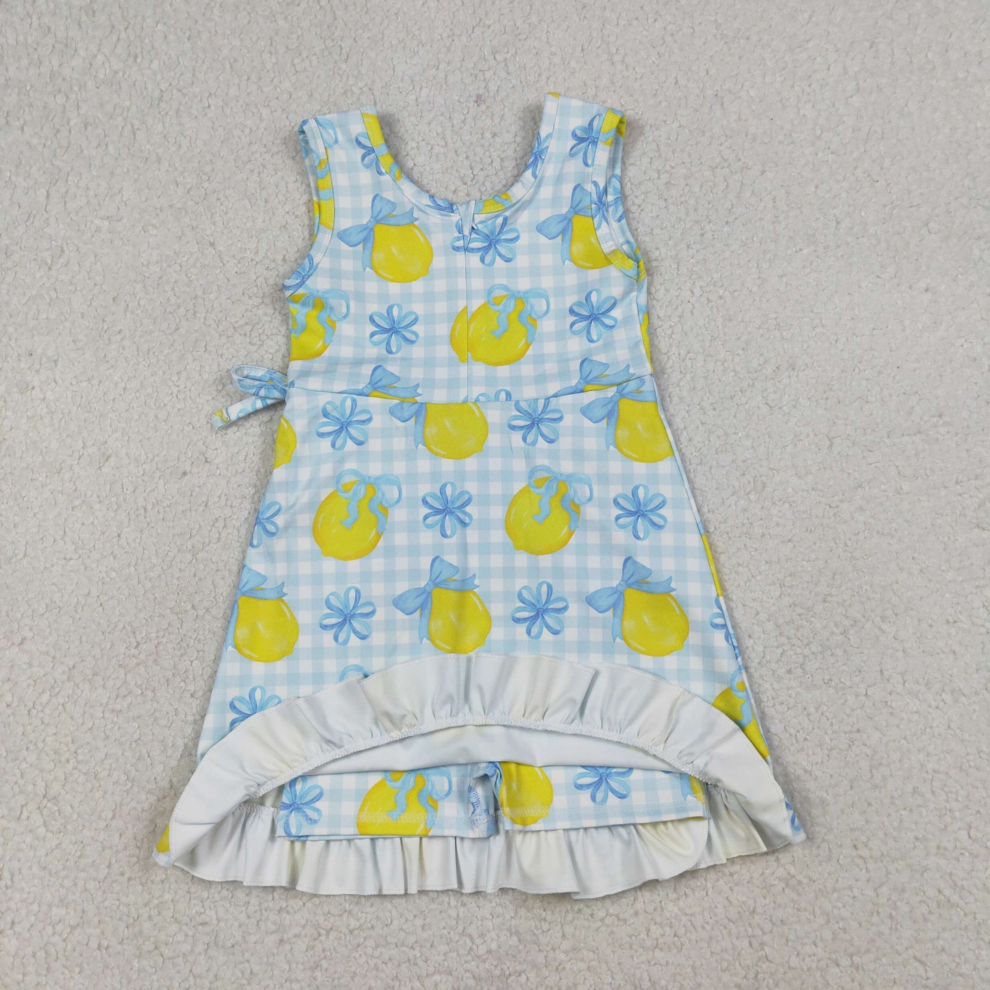 GSD3684 Kids Baby Girl Blue Checked Bow Lemons Back Zipper Yoga Active Shorts Ruffle Knee Length Dress