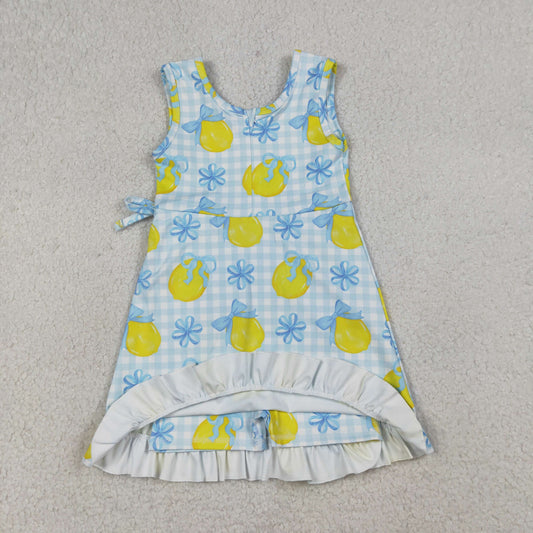 GSD3684 Kids Baby Girl Blue Checked Bow Lemons Back Zipper Yoga Active Shorts Ruffle Knee Length Dress