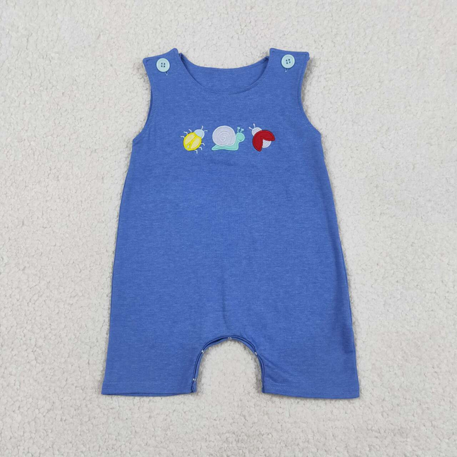 SR4036 Newborn Embroidery Ladybirds Snails Baby Boys Blue Sleeveless Rompers