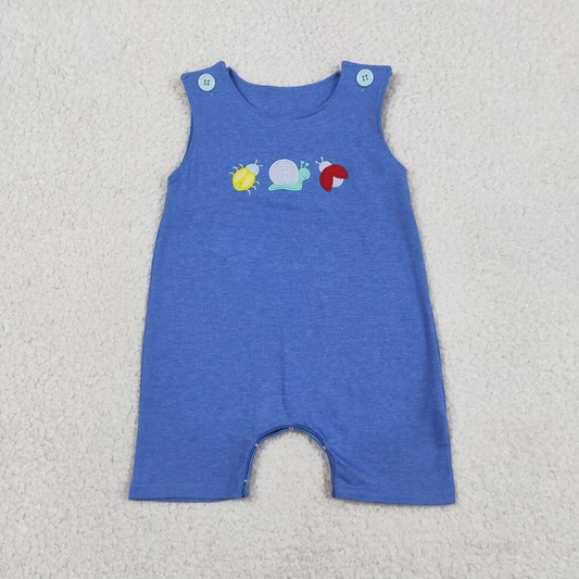 SR4036 Newborn Embroidery Ladybirds Snails Baby Boys Blue Sleeveless Rompers