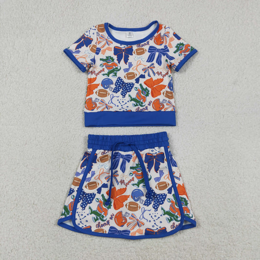 GSD3698 Kids Baby Girls Bow Football Crocodile Top Skirt Short Team Yoga Active Clothes Sets