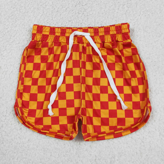 SS0297 Kids Baby Girls Orange Checkered Elastic Sports Shorts