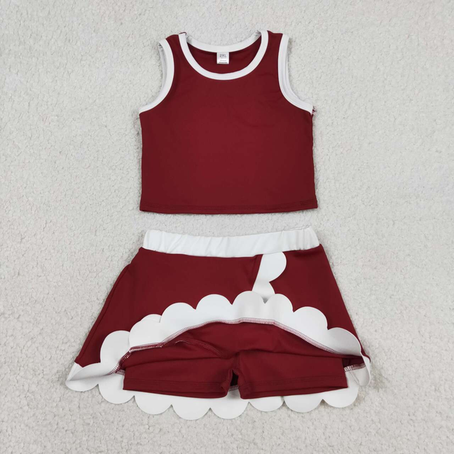 GSD4027 Kids Baby Girls Sleeveless Maroon Vest Scallop Skirt Short Yoga Active Clothes Set