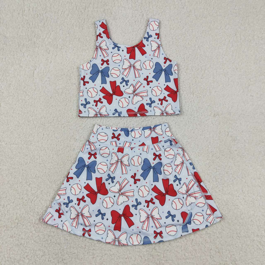 GSD2151 Kids Baby Girls Bows Baseball Vest Skirt Short 4th Of July Yoga Active Clothes Sets