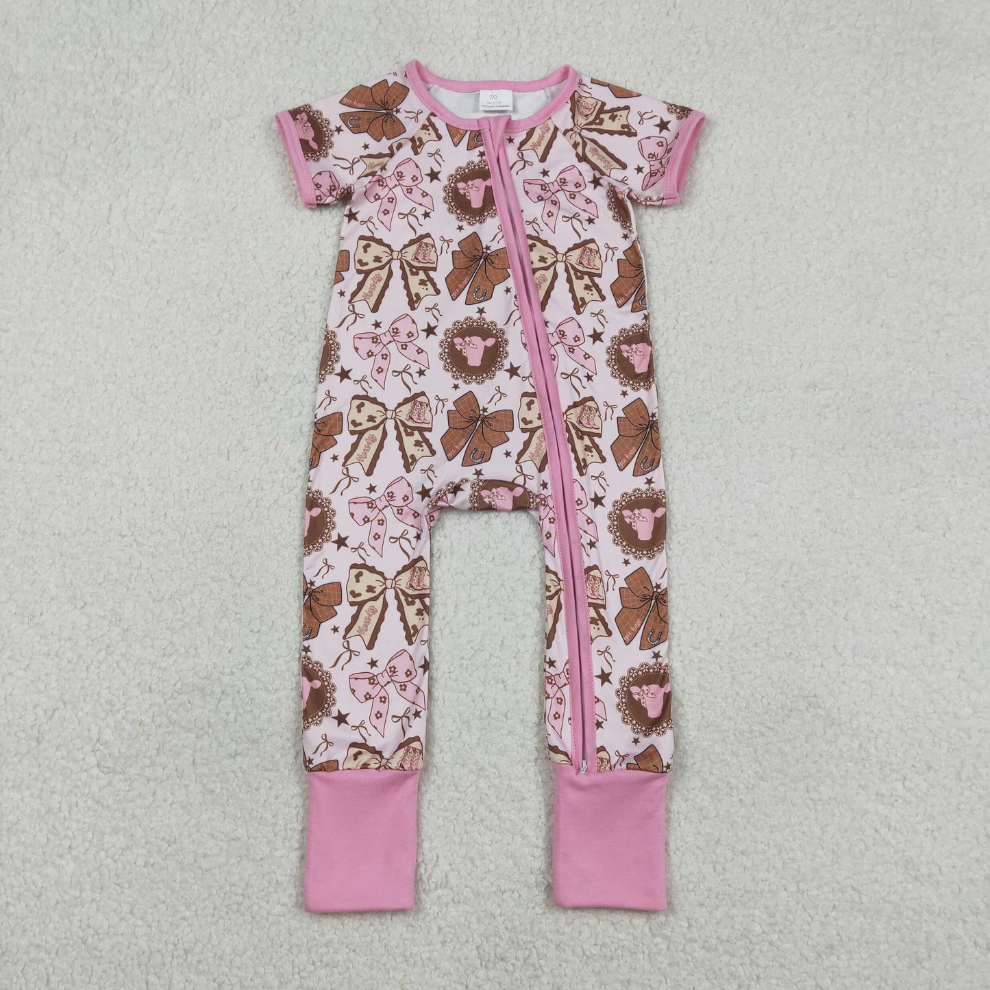 RTS NO MOQ（In Stock) SR3763 Bull Head Star Bow Pattern Pink Zipper Short-Sleeve Jumpsuit