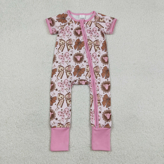 RTS NO MOQ(In Stock) SR3763 Bull Head Star Bow Pattern Pink Zipper Short-Sleeve Jumpsuit