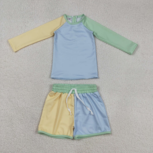 S0634 Kids Baby Boy Long Sleeve Yellow Aqua Blue Shirts Top Shorts Swimsuits