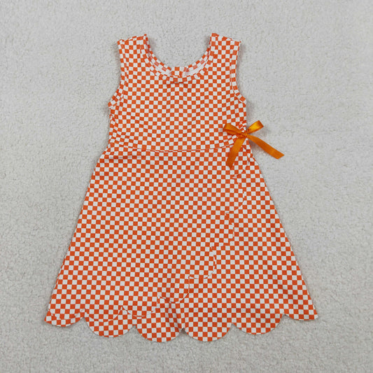 GSD3428 Kids Baby Girls Orange Checked Yoga Active Scallop Shorts Knee Length Dresses