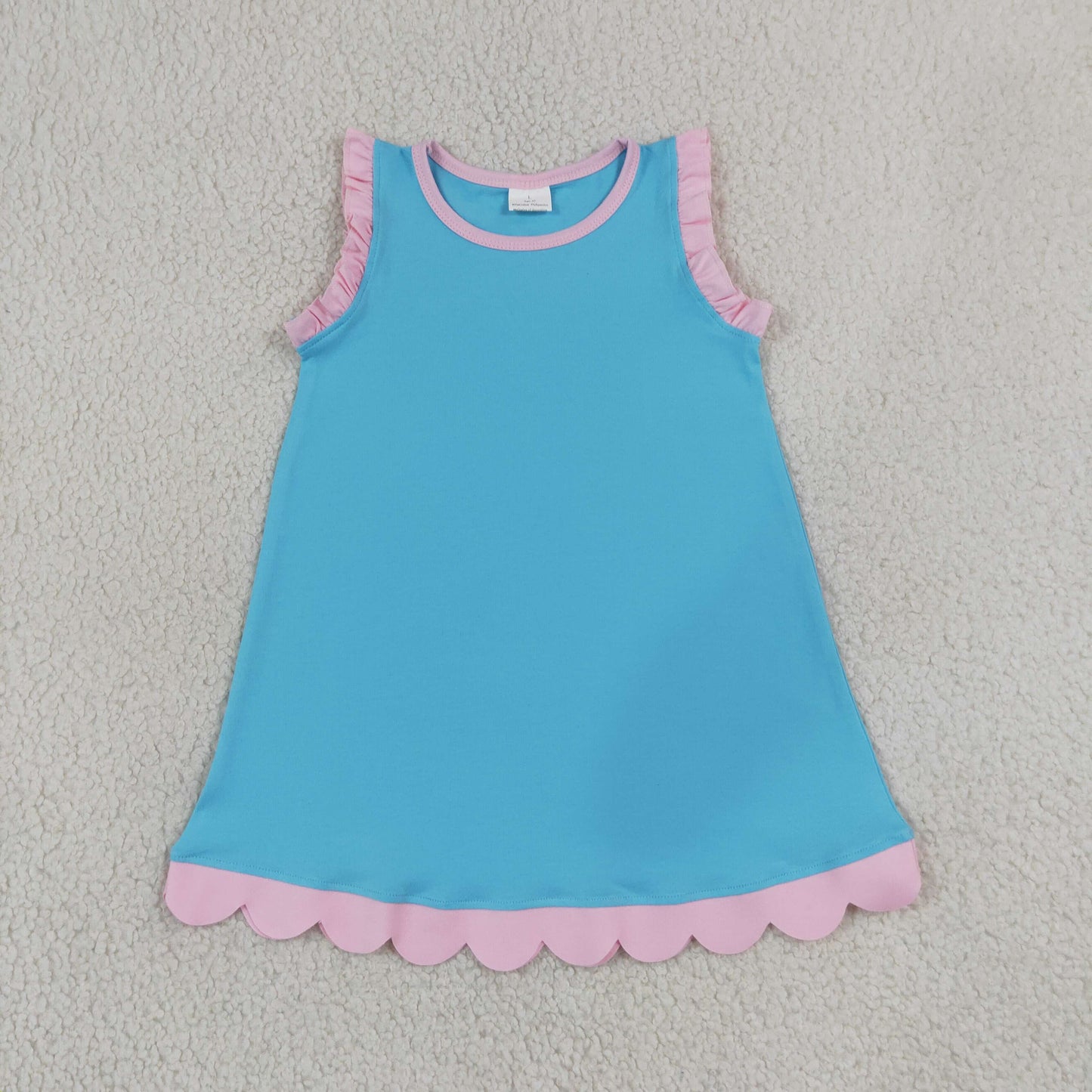 GSD4045 Kids Baby Girls Pink Blue Sleeveless Scallop Knee Length Dresses