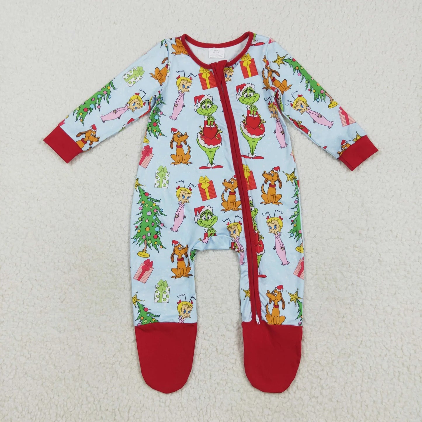 Sibling Baby Kids Boys Green Face Miss Christmas Pajamas Set Zipper Footed Romper
