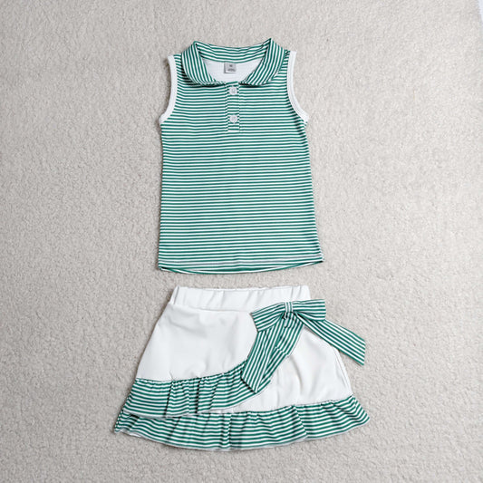GSD4121 Kids Baby Girls Green Stripe Button Vest Top Ruffle Skirt Short Yoga Active Clothes Set