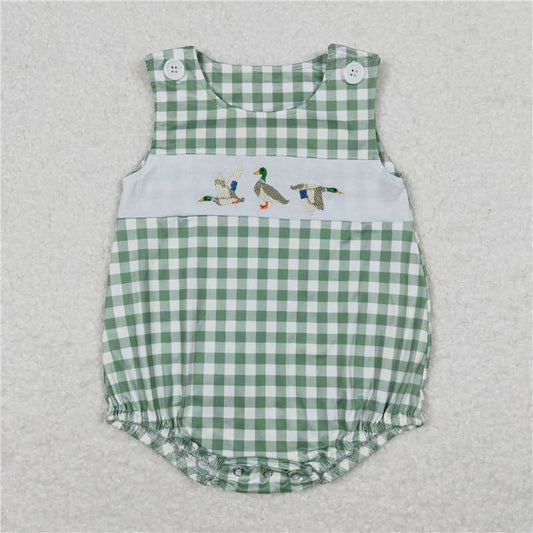 SR1066 Baby Infant Boys Green Checkered Duck Sleeveless Rompers