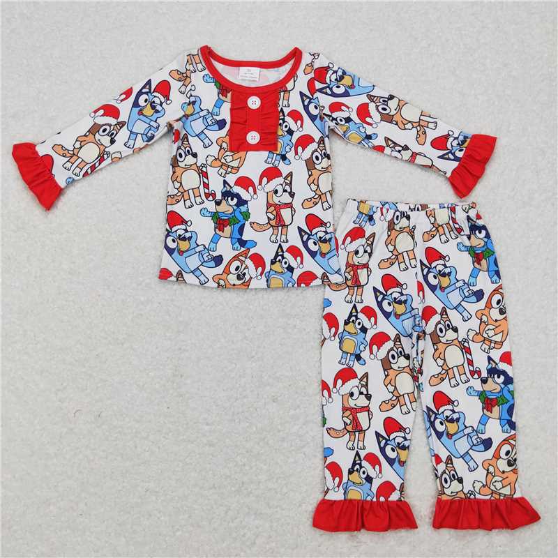 GLP0984 Cartoon Santa hat bluey Lace red and white long sleeve pantsuit