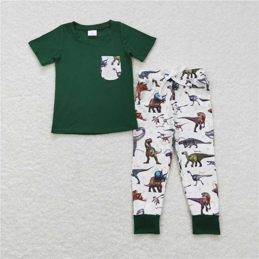 BSPO0181 Dinosaur pocket green short-sleeved white pantsuit