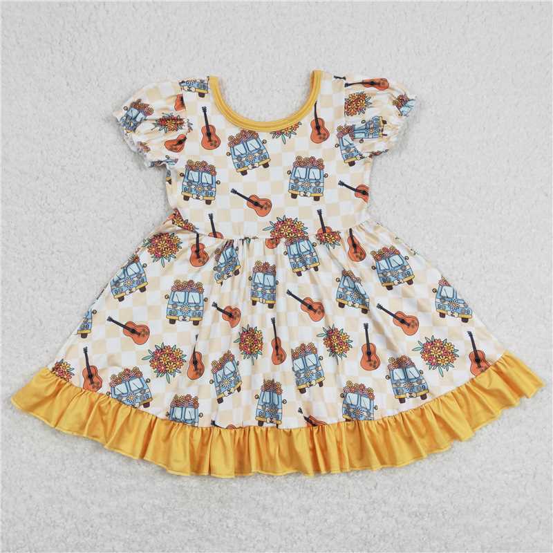 GSD0816 Flower bus guitar plaid yellow lace short-sleeved dress