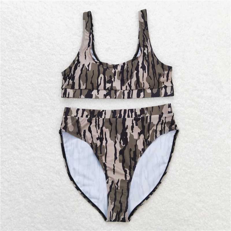 S0322Adult Women Green Camo Top Bottom Swimsuits Set