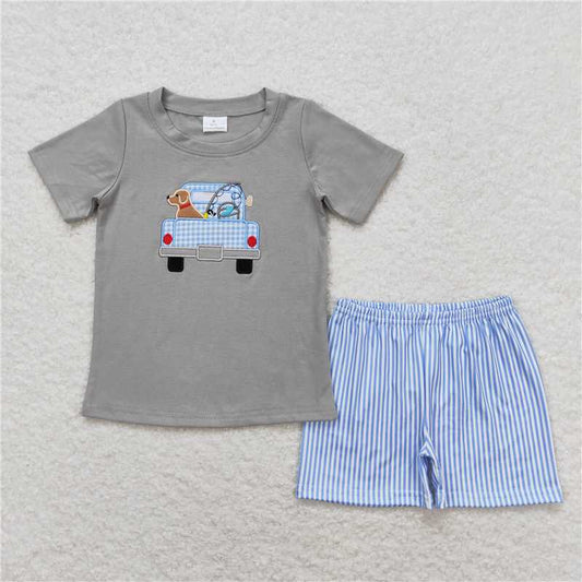 BSSO0664 Embroidered Fishing puppy Truck Grey short sleeve blue striped shorts set