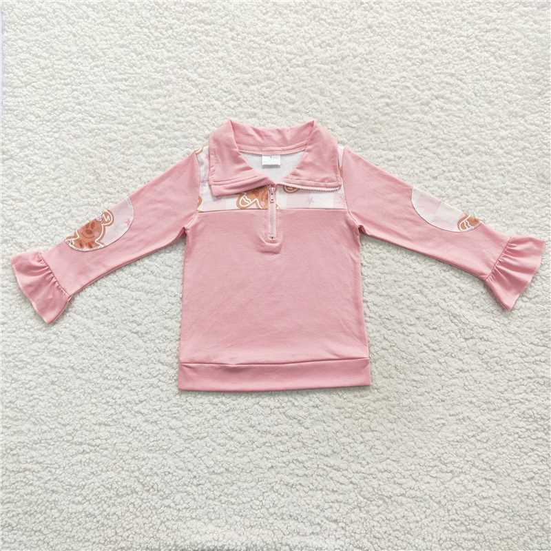 GT0218Gingerbread Man pink and white zip-up long-sleeved top
