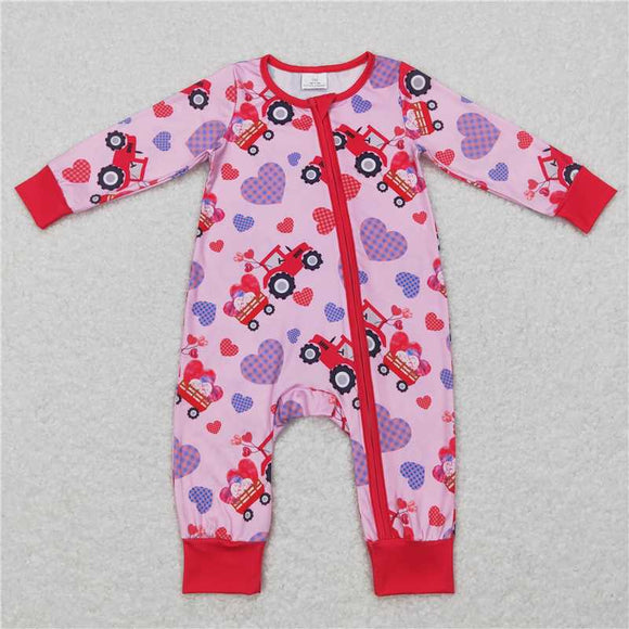 LR0774Plaid love truck tractor Pink zipper long-sleeved onesie