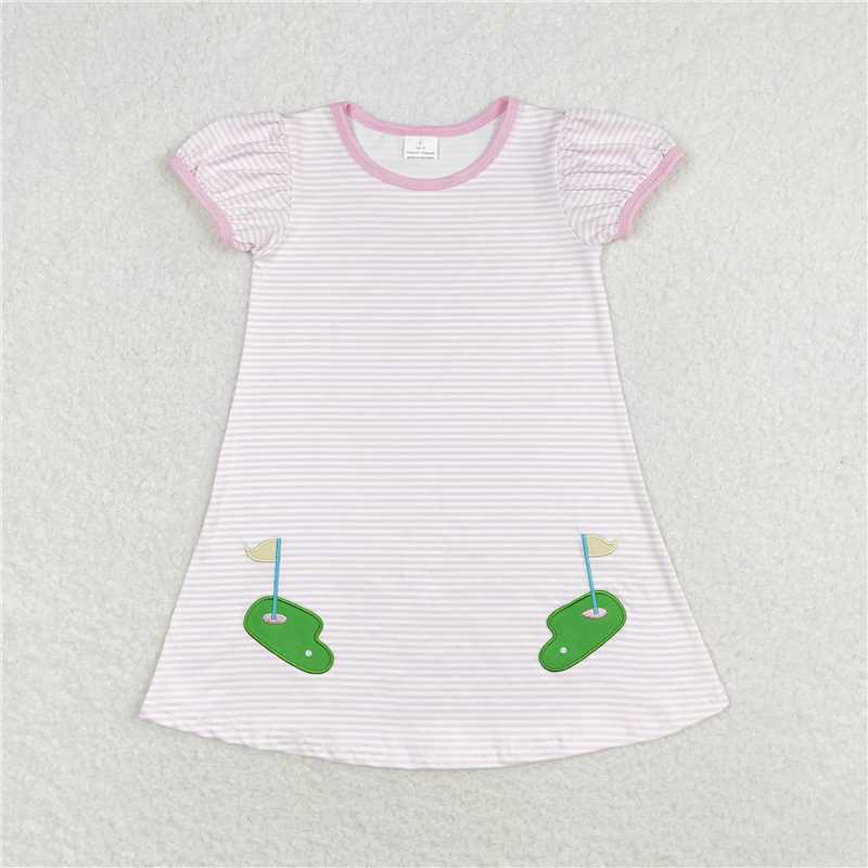 GSD0829 Kids Baby Girls Golf Pink Stripes Short Sleeve Knee Length Dresses