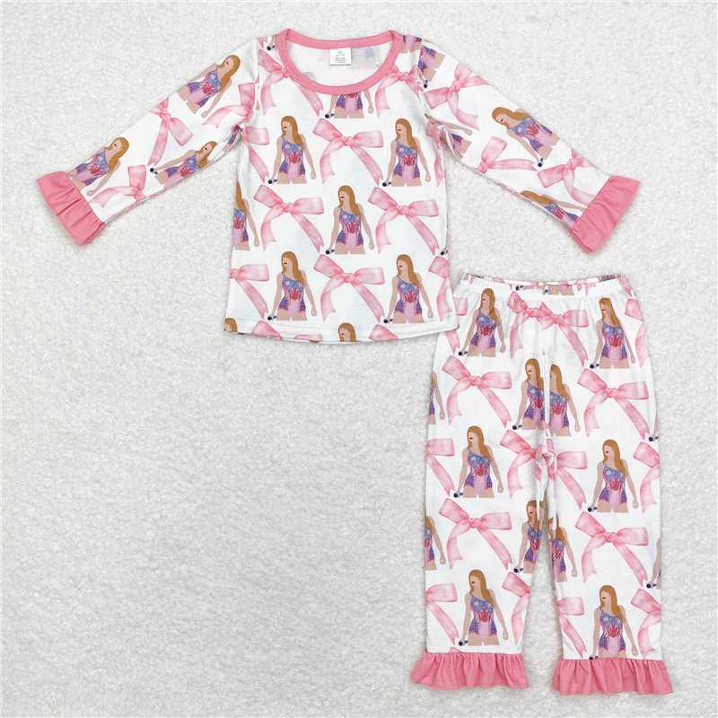 GLP1606Modal taylor Bow-patterned Pink Lace White long-sleeved pant pajama set