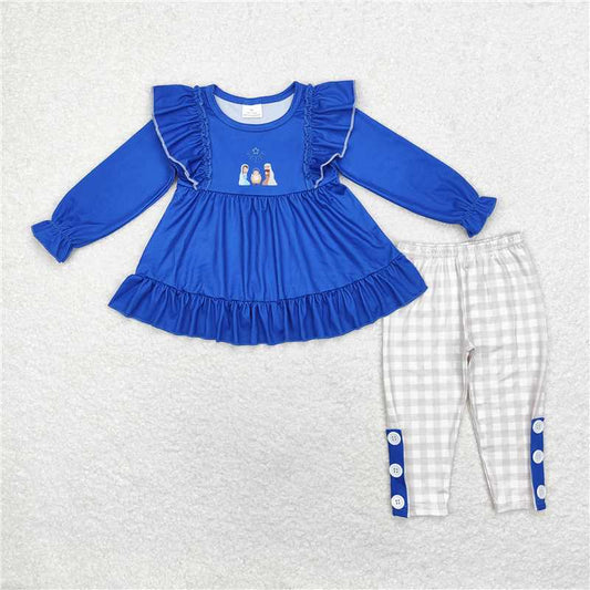 GLP1597 Jesus blue lace long-sleeved plaid pantsuit