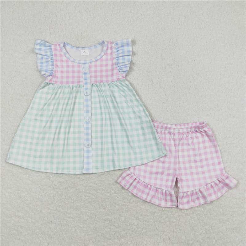 GSSO0744 Pink and green plaid flying sleeve shorts suit