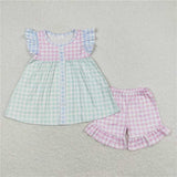 GSSO0744 Pink and green plaid flying sleeve shorts suit