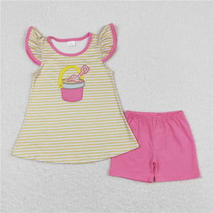 GSSO0600 Embroidered beach bucket spade Yellow striped flying sleeve pink shorts