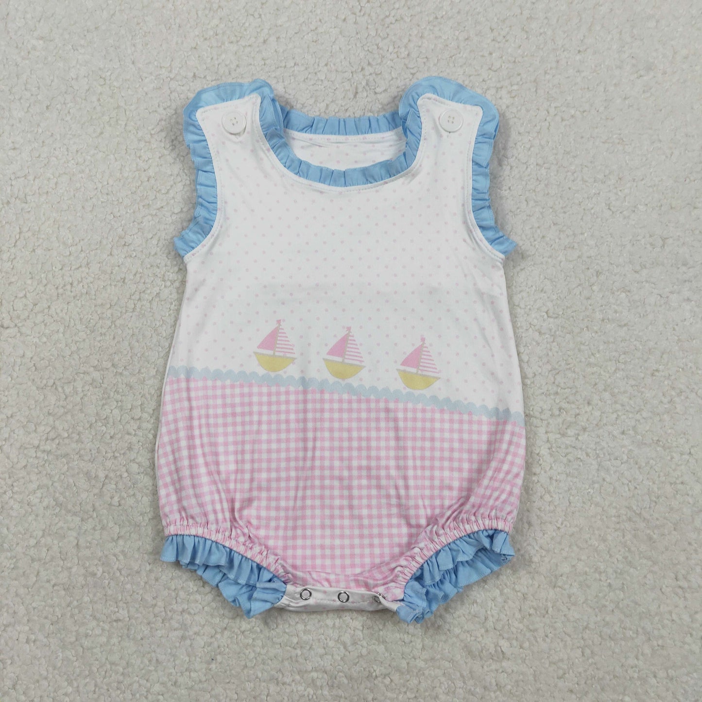SR3755 Newborn Baby Boys Sleeveless Boats Polka Dots Ruffle Rompers