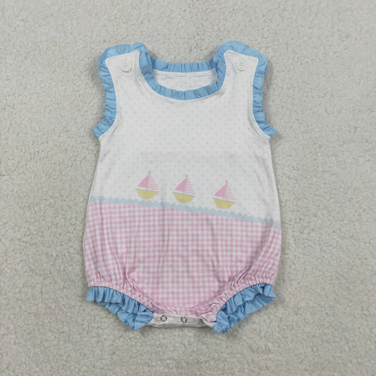 SR3755 Newborn Baby Boys Sleeveless Boats Polka Dots Ruffle Rompers