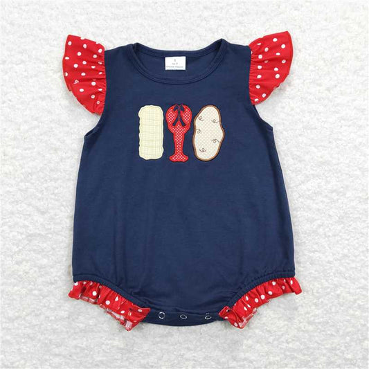 SR0739 Embroidered corn crawfish lace navy blue vest onesie