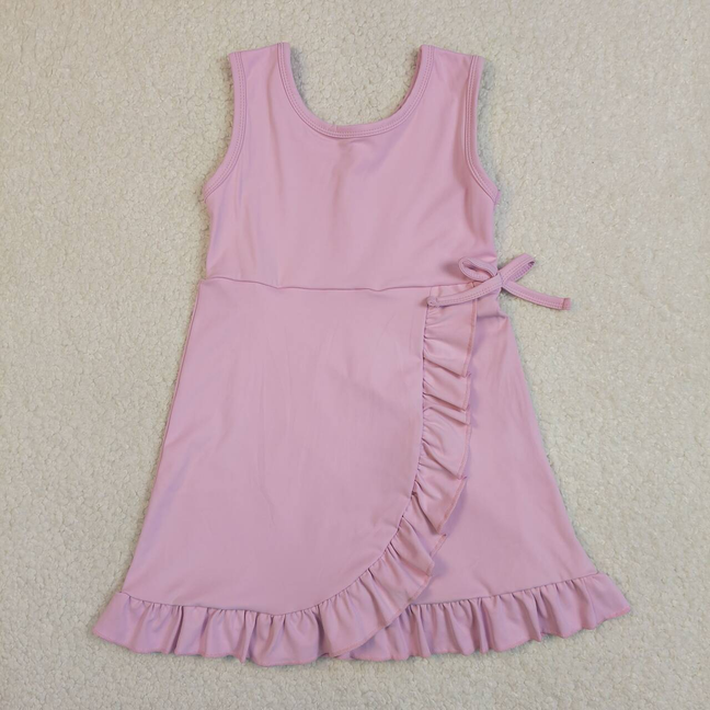 GSD3034 Kids Baby Girls Pink Sleeveless Yoga Active Shorts Ruffle Knee Length Dresses