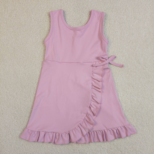 GSD3034 Kids Baby Girls Pink Sleeveless Yoga Active Shorts Ruffle Knee Length Dresses
