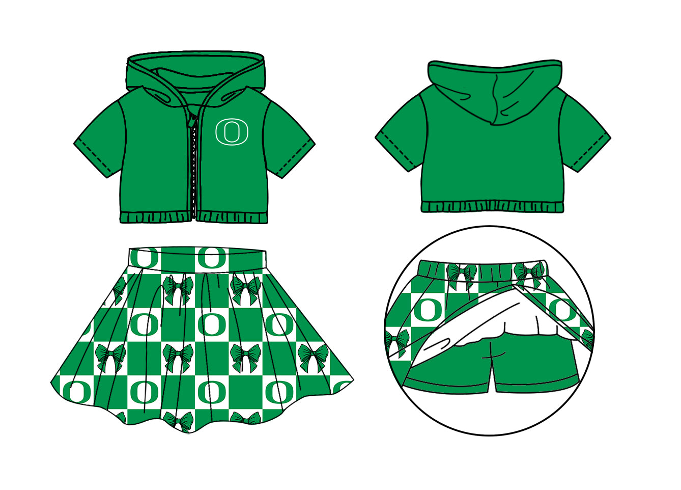 Custom Moq 3 or 5 Team Design Baby Girl Green Bows Zipper Hoodie Jackets Skirt Short Team Clothes Sets