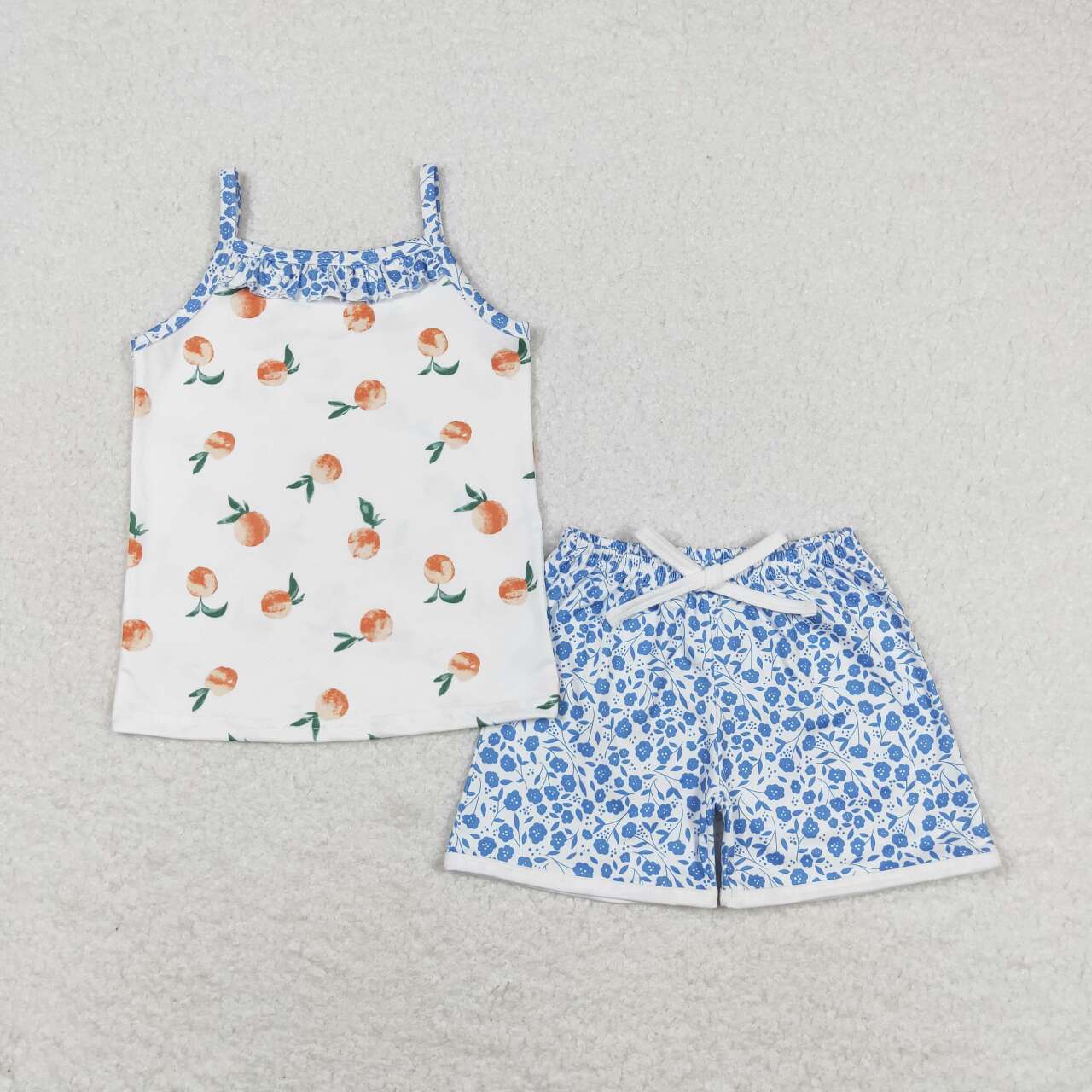 GSSO0864 Peach pink sleeveless blue floral shorts suit