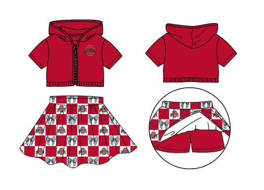 Custom Milk Silk Order MOQ:3 or 5 pcs Each Design Team State Girl Summer Bow Red Zipper Hooded Short Sleeve Short Skirts Sets-26.1.22
