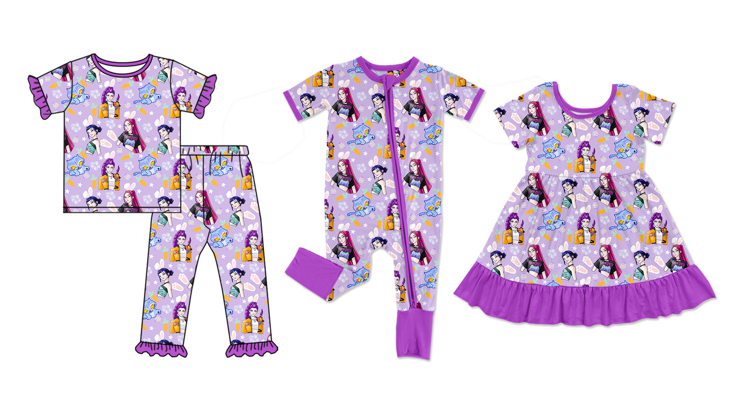 26.1.7 Custom MOQ:3 or 5 pcs each design milk silk Sibling baby girl clothes cartoon short sleeve pants sets and dress and romper